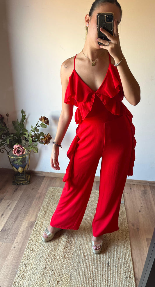 mono largo de mujer con volantes color naranja 